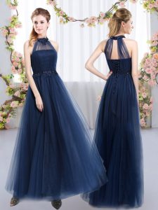 Unique Navy Blue Empire Tulle High-neck Sleeveless Appliques Floor Length Lace Up Dama Dress for Quinceanera