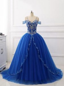 Popular Ball Gowns Sleeveless Royal Blue Sweet 16 Quinceanera Dress Brush Train Lace Up