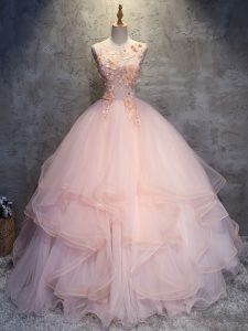 Sleeveless Floor Length Appliques and Ruffles Lace Up Quinceanera Gowns with Pink