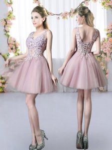 Custom Design Pink A-line V-neck Sleeveless Tulle Mini Length Lace Up Appliques Court Dresses for Sweet 16