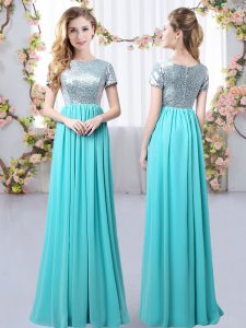 Stunning Scoop Short Sleeves Vestidos de Damas Floor Length Sequins Aqua Blue Chiffon