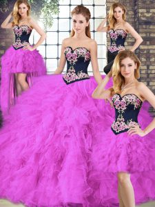 Ball Gowns Quince Ball Gowns Fuchsia Sweetheart Tulle Sleeveless Floor Length Lace Up