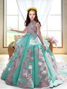 Turquoise Pageant Dress High-neck Sleeveless Court Train Backless