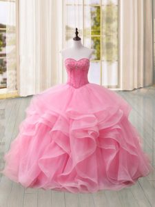 Glittering Sweep Train Ball Gowns Quinceanera Dress Pink Sweetheart Tulle Sleeveless Lace Up