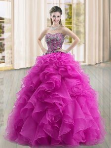 Hot Sale Fuchsia Sleeveless Organza Lace Up Vestidos de Quinceanera for Military Ball and Sweet 16 and Quinceanera