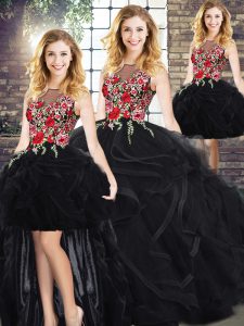 Classical Black Zipper Scoop Sleeveless Floor Length Sweet 16 Dress Embroidery and Ruffles