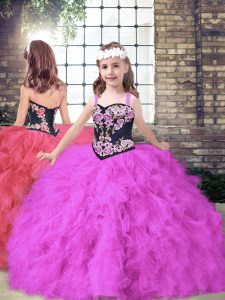 Sleeveless Floor Length Embroidery and Ruffles Lace Up Glitz Pageant Dress with Fuchsia