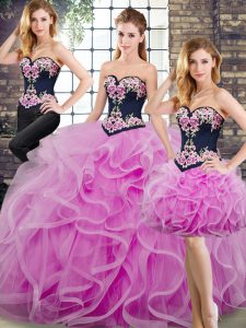 Pretty Lilac Lace Up Sweetheart Beading and Embroidery and Ruffles Sweet 16 Dress Tulle Sleeveless Sweep Train