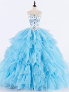 Excellent Tulle Sweetheart Sleeveless Lace Up Beading and Ruffles Quinceanera Dress in Baby Blue