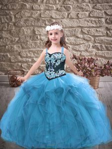 Luxurious Baby Blue Straps Lace Up Embroidery and Ruffles Child Pageant Dress Sleeveless