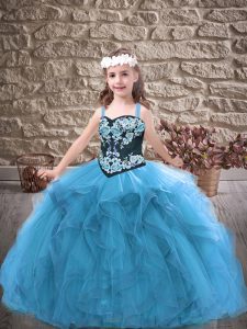 Luxurious Baby Blue Straps Lace Up Embroidery and Ruffles Child Pageant Dress Sleeveless