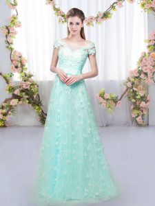 Gorgeous Off The Shoulder Cap Sleeves Dama Dress Floor Length Appliques Apple Green Tulle