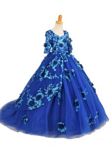Fashion Blue Ball Gowns Beading and Appliques Pageant Dress Toddler Zipper Tulle Half Sleeves