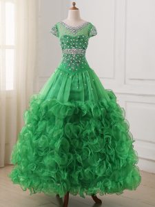 Lovely Cap Sleeves Organza Floor Length Lace Up Girls Pageant Dresses in Green with Beading and Ruffles