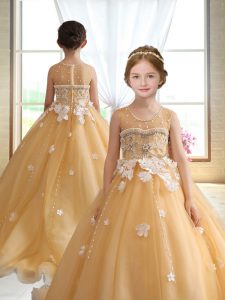 Sleeveless Organza Brush Train Zipper Little Girls Pageant Dress in Gold with Beading and Appliques