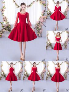 Scoop 3 4 Length Sleeve Damas Dress Knee Length Ruching Red Satin