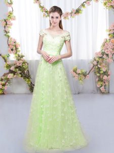 Luxurious Floor Length Empire Cap Sleeves Yellow Green Quinceanera Court Dresses Lace Up