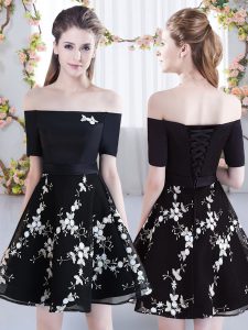 Chic Black Off The Shoulder Lace Up Appliques Quinceanera Court of Honor Dress Short Sleeves