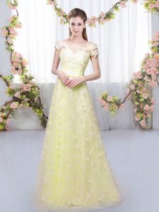 Stunning Cap Sleeves Floor Length Appliques Lace Up Vestidos de Damas with Light Yellow