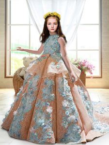 Satin Sleeveless Little Girls Pageant Dress Wholesale Court Train and Appliques