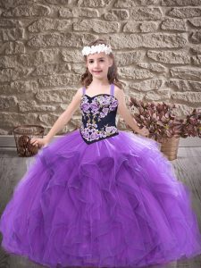 Latest Tulle Sleeveless Floor Length Pageant Gowns For Girls and Embroidery and Ruffles