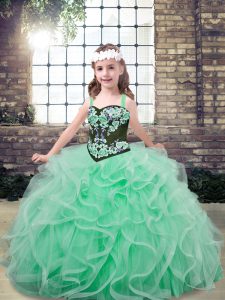 Dazzling Apple Green Ball Gowns Tulle Straps Sleeveless Embroidery and Ruffles Floor Length Lace Up Little Girls Pageant Dress