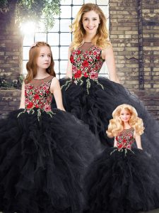 Classical Black Ball Gowns Scoop Sleeveless Floor Length Zipper Embroidery and Ruffles Quinceanera Dress