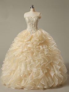 Champagne Ball Gowns Sweetheart Sleeveless Organza Floor Length Lace Up Beading and Ruffles Quinceanera Gowns