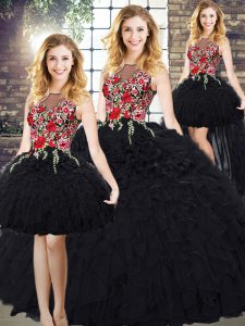 Superior Black Sweet 16 Quinceanera Dress Military Ball and Sweet 16 and Quinceanera with Embroidery and Ruffles Scoop Sleeveless Zipper