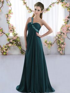 Suitable Sleeveless Chiffon Brush Train Lace Up Court Dresses for Sweet 16 in Peacock Green with Beading