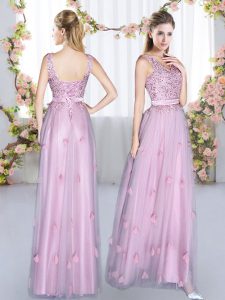 Lavender Empire Tulle V-neck Sleeveless Beading and Appliques Floor Length Lace Up Dama Dress for Quinceanera