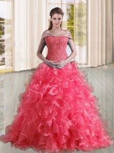 A-line Sleeveless Coral Red Ball Gown Prom Dress Sweep Train Lace Up