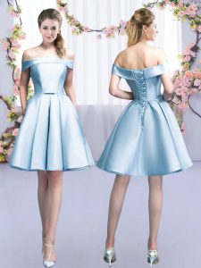 Latest Light Blue A-line Satin Off The Shoulder Sleeveless Belt Mini Length Lace Up Vestidos de Damas