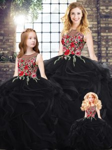 Gorgeous Scoop Sleeveless Zipper Embroidery and Ruffles Quinceanera Gowns in Black