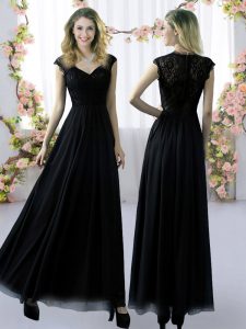 Latest Lace Vestidos de Damas Black Zipper Cap Sleeves Floor Length