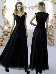 Latest Lace Vestidos de Damas Black Zipper Cap Sleeves Floor Length