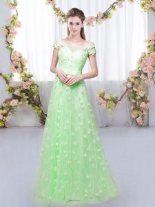 Customized Lace Up Vestidos de Damas Appliques Cap Sleeves Floor Length