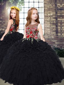 Black Scoop Zipper Embroidery and Ruffles Little Girls Pageant Dress Sleeveless