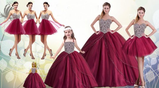 Red Ball Gowns Sweetheart Sleeveless Tulle Floor Length Lace Up Beading Quinceanera Gowns