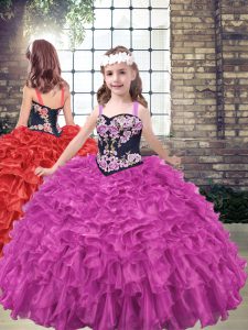 Fuchsia Lace Up Straps Embroidery and Ruffled Layers Child Pageant Dress Organza Sleeveless