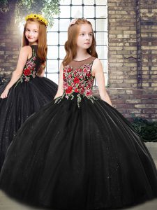 Scoop Sleeveless Little Girls Pageant Gowns Floor Length Embroidery Black Tulle