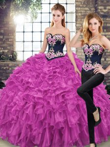 Organza Sweetheart Sleeveless Sweep Train Lace Up Embroidery and Ruffles Quinceanera Dress in Fuchsia