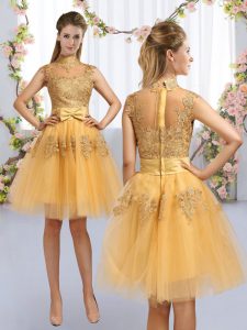 Delicate Gold High-neck Zipper Lace and Bowknot Court Dresses for Sweet 16 Cap Sleeves