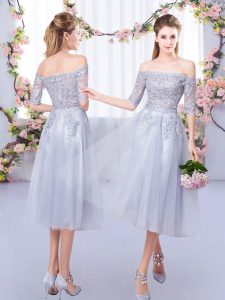 Custom Design Lace Dama Dress for Quinceanera Grey Zipper Half Sleeves Tea Length