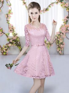 Pink Lace Zipper V-neck Half Sleeves Mini Length Quinceanera Dama Dress Belt