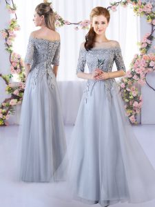 Grey Empire Appliques Quinceanera Court Dresses Lace Up Tulle Half Sleeves Floor Length