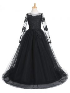 Black Scoop Neckline Lace Pageant Gowns Long Sleeves Clasp Handle