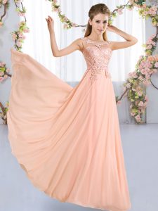 Chic Peach Empire Scoop Sleeveless Chiffon Floor Length Lace Up Lace Court Dresses for Sweet 16