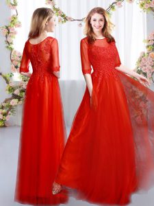 Adorable Empire Dama Dress for Quinceanera Red Scoop Tulle Half Sleeves Floor Length Zipper