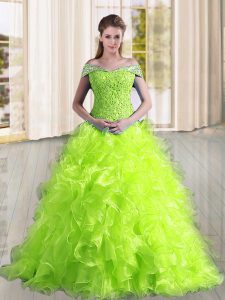 Hot Sale Sleeveless Sweep Train Lace Up Beading and Lace and Ruffles 15th Birthday Dress